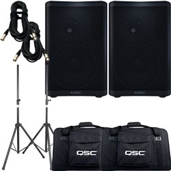 QSC CP8 PA Speaker Pack w/ Tote Bags, Stands & 10m XLR Cables (Pair)